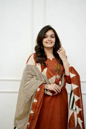 Orange Embroidered Cotton Kurti Pant Set (NYS-G1272C-Orange)