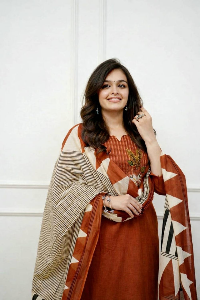 Orange Embroidered Cotton Kurti Pant Set (NYS-G1272C-Orange)