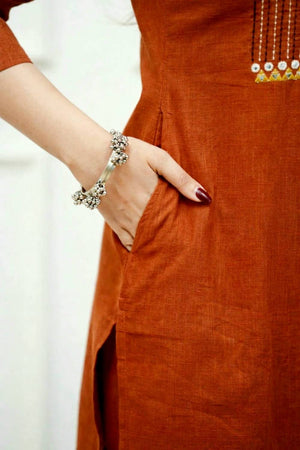 Orange Embroidered Cotton Kurti Pant Set (NYS-G1272C-Orange)