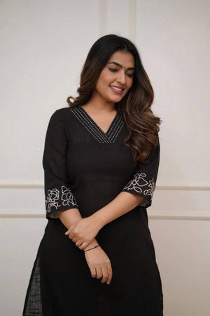 Black Floral Embroidered Cotton Kurti Pant Set (NYS-G2107C-Black)