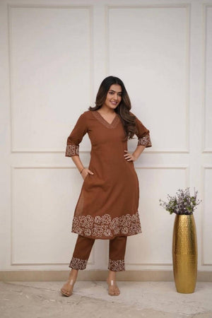Brown Floral Embroidered Cotton Kurti Pant Set (NYS-G2107C-Brown)