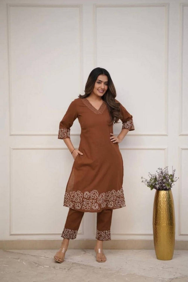 Brown Floral Embroidered Cotton Kurti Pant Set (NYS-G2107C-Brown)