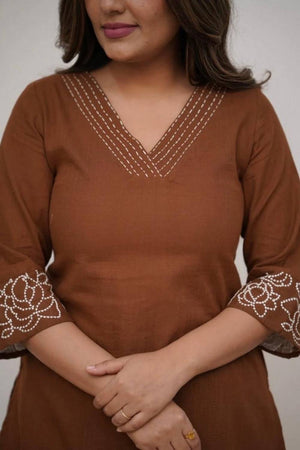 Brown Floral Embroidered Cotton Kurti Pant Set (NYS-G2107C-Brown)