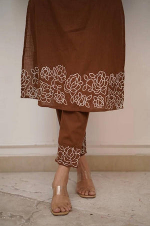 Brown Floral Embroidered Cotton Kurti Pant Set (NYS-G2107C-Brown)