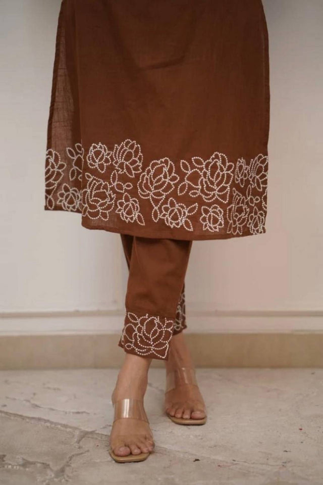 Brown Floral Embroidered Cotton Kurti Pant Set (NYS-G2107C-Brown)