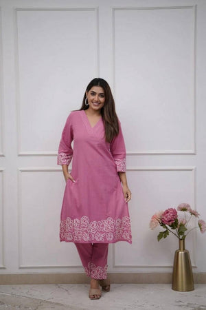 Pink Floral Embroidered Cotton Kurti Pant Set (NYS-G2107C-Pink)