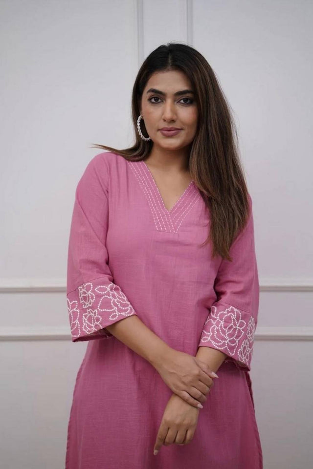 Pink Floral Embroidered Cotton Kurti Pant Set (NYS-G2107C-Pink)