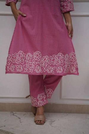 Pink Floral Embroidered Cotton Kurti Pant Set (NYS-G2107C-Pink)