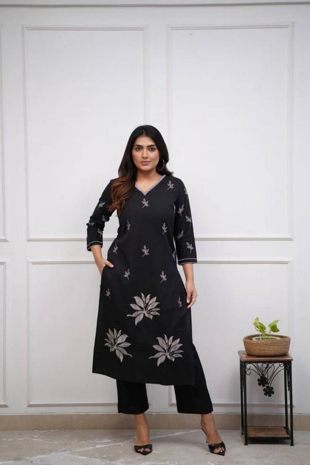 Black Floral Embroidered Cotton Kurti Pant Set (NYS-G2108C-Black)