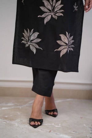 Black Floral Embroidered Cotton Kurti Pant Set (NYS-G2108C-Black)