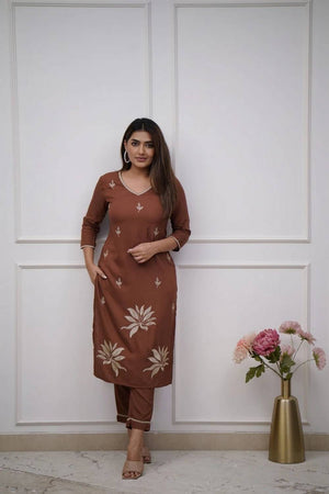 Brown Floral Embroidered Cotton Kurti Pant Set (NYS-G2108C-Brown)