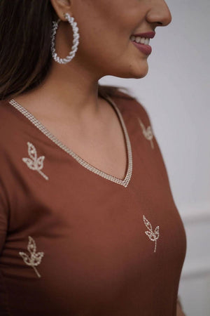 Brown Floral Embroidered Cotton Kurti Pant Set (NYS-G2108C-Brown)