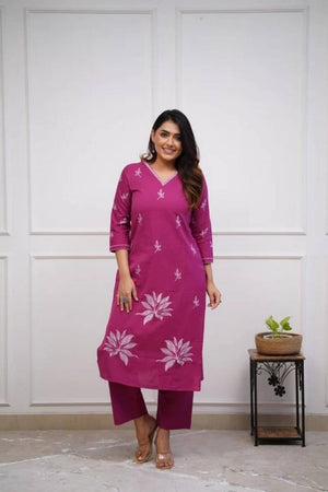 Pink Floral Embroidered Cotton Kurti Pant Set (NYS-G2108C-Pink)