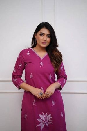 Pink Floral Embroidered Cotton Kurti Pant Set (NYS-G2108C-Pink)