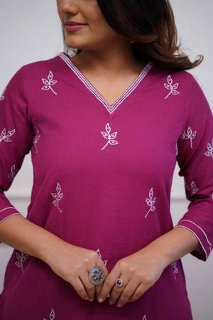 Pink Floral Embroidered Cotton Kurti Pant Set (NYS-G2108C-Pink)