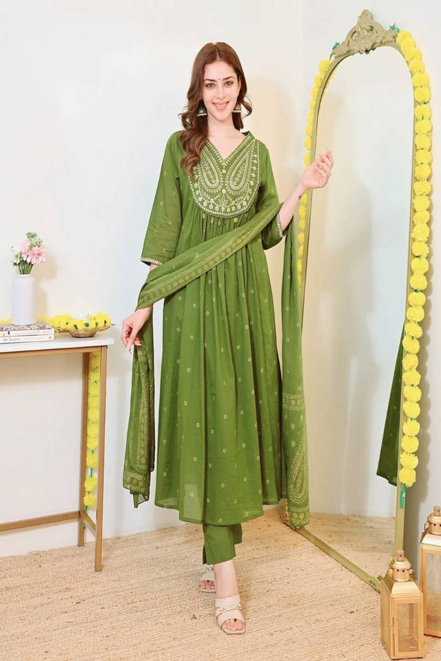 Green Floral Embroidered Cotton Anarkali Suits (NYS-G2109C-Green)