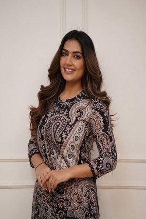 Black Printed Cotton Kurti Pant Set (NYS-G2112C-Black)