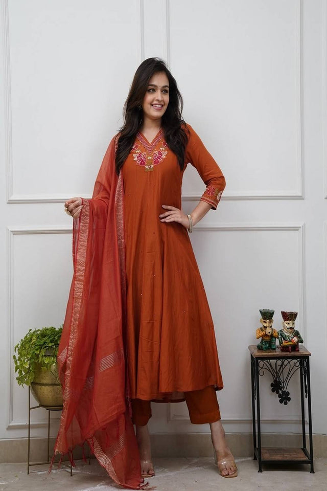 Orange Floral Embroidered Cotton Anarkali Suits (NYS-J1217KW-Orange)
