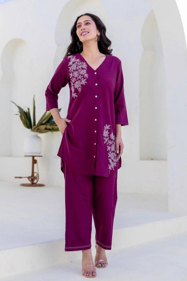 Violet Floral Printed Cotton Kurti Pant Set (NYS-J151338K-Purple)