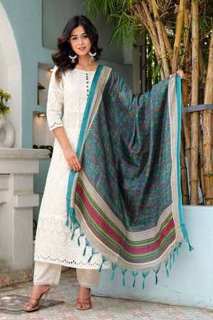 White Embroidered Cotton Kurti Pant Set (NYS-L1264V-WB)