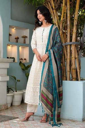 White Embroidered Cotton Kurti Pant Set (NYS-L1264V-WB)