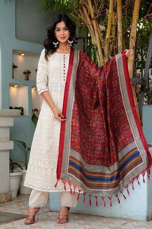 White Embroidered Cotton Kurti Pant Set (NYS-L1264V-WR)