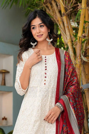 White Embroidered Cotton Kurti Pant Set (NYS-L1264V-WR)