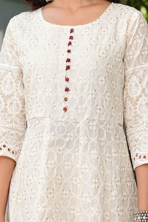 White Embroidered Cotton Kurti Pant Set (NYS-L1264V-WR)