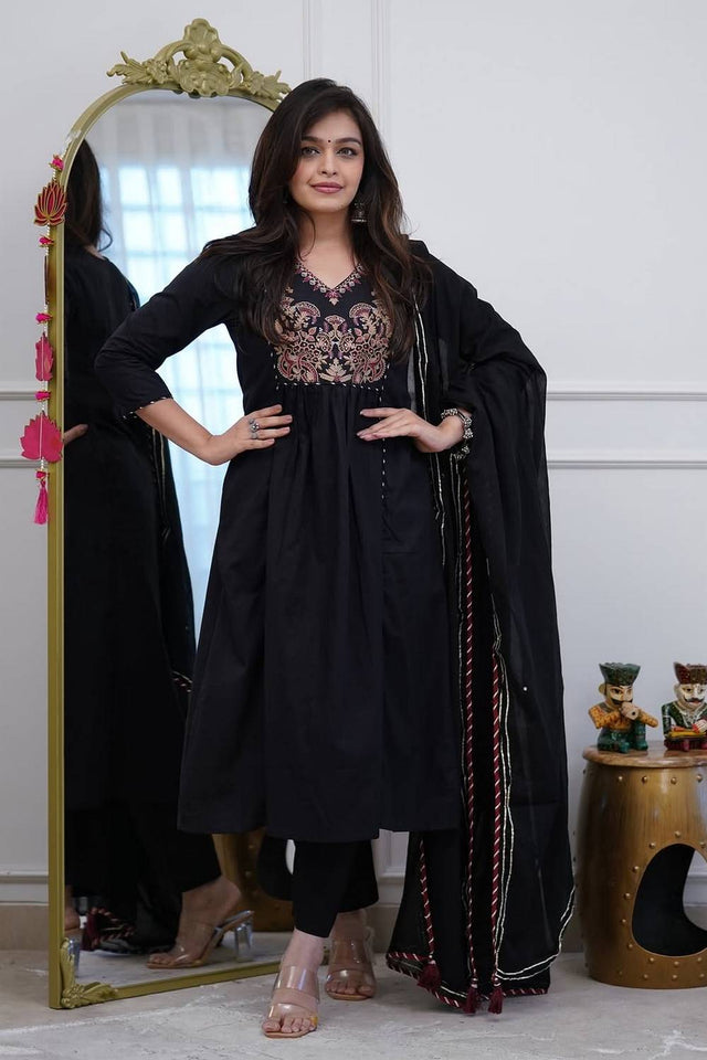 Black Embroidered Cotton Anarkali Suits (NYS-L151340K-Black)