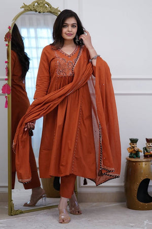 Brown Embroidered Cotton Anarkali Suits (NYS-L151340K-Brown)