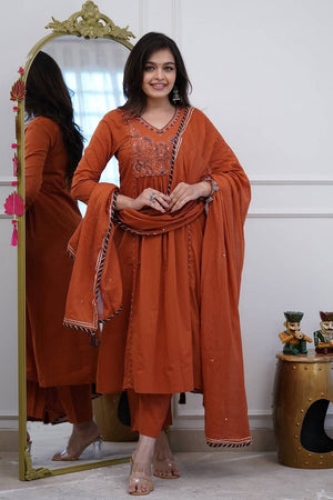 Brown Embroidered Cotton Anarkali Suits (NYS-L151340K-Brown)
