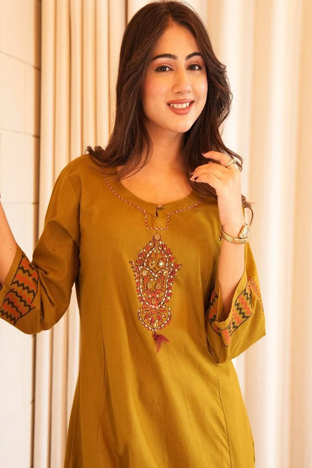 Yellow Embroidered Cotton Kurti Pant Set (NYS-M1228D-Yellow)