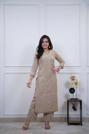 Beige Floral Embroidered Cotton Kurti Pant Set (NYS-M151331D-Beige)