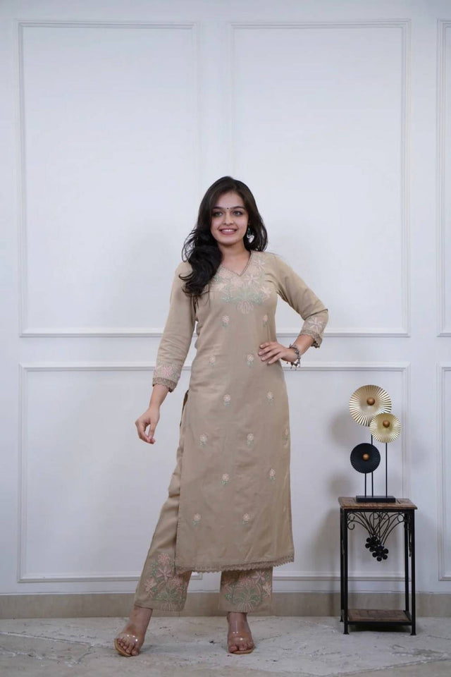 Beige Floral Embroidered Cotton Kurti Pant Set (NYS-M151331D-Beige)