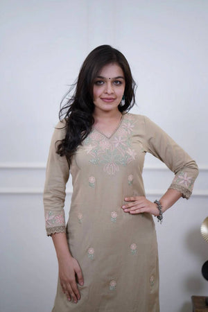 Beige Floral Embroidered Cotton Kurti Pant Set (NYS-M151331D-Beige)