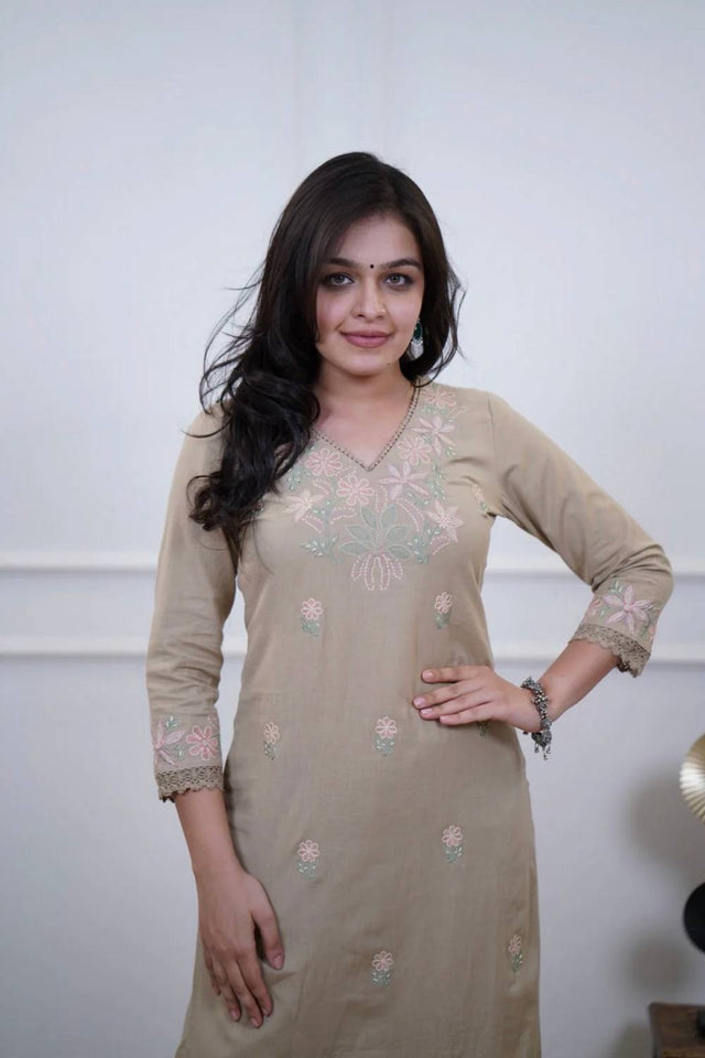 Beige Floral Embroidered Cotton Kurti Pant Set (NYS-M151331D-Beige)