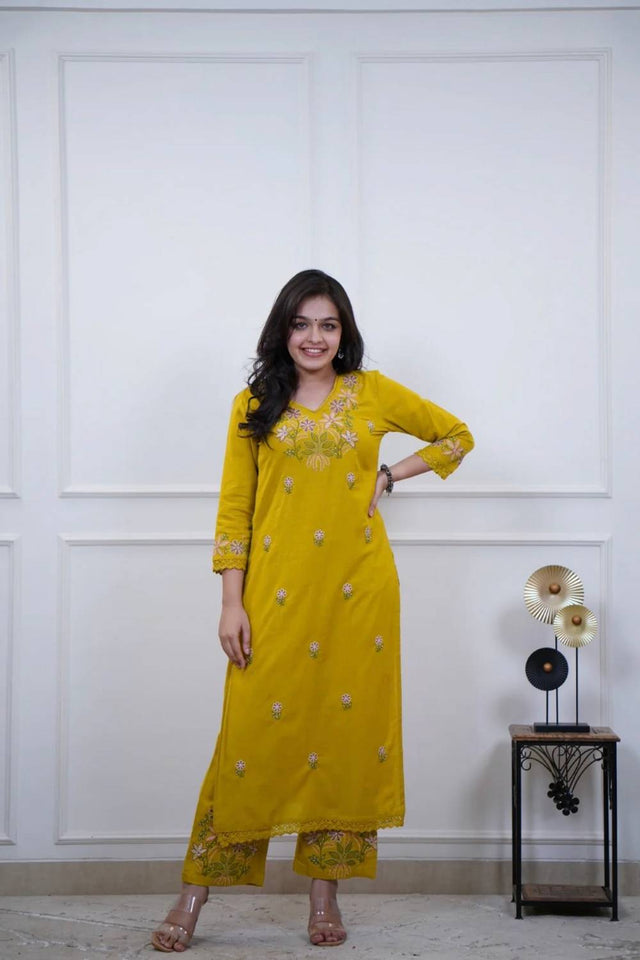 Yellow Floral Embroidered Cotton Kurti Pant Set (NYS-M151331D-Yellow)