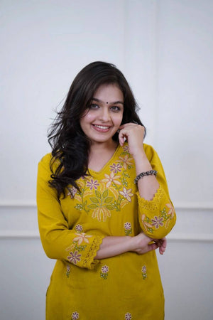 Yellow Floral Embroidered Cotton Kurti Pant Set (NYS-M151331D-Yellow)