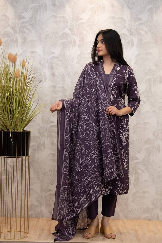 Violet Floral Embroidered Cotton Kurti Pant Set (NYS-M151334D-Purple)