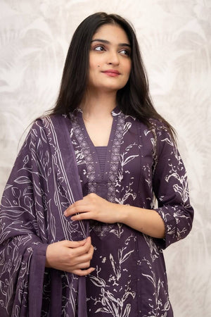Violet Floral Embroidered Cotton Kurti Pant Set (NYS-M151334D-Purple)