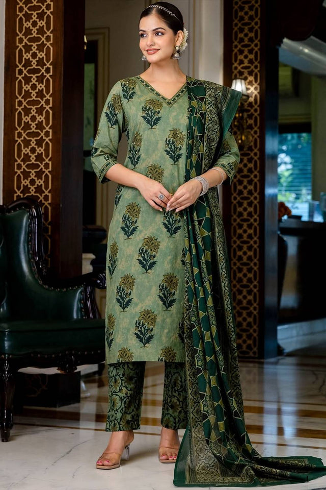 Green Floral Embroidered Cotton Kurti Pant Set (NYS-M301208-Green)