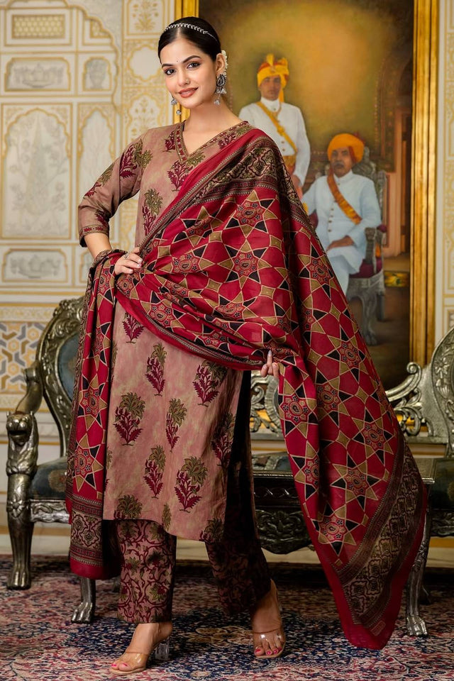 Maroon Floral Embroidered Cotton Kurti Pant Set (NYS-M301208-Maroon)