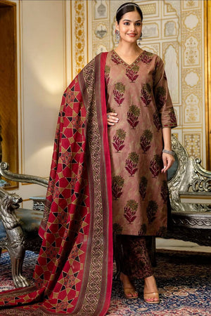 Maroon Floral Embroidered Cotton Kurti Pant Set (NYS-M301208-Maroon)