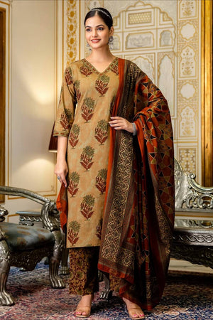 Multi Color Floral Embroidered Cotton Kurti Pant Set (NYS-M301208-Yellow)