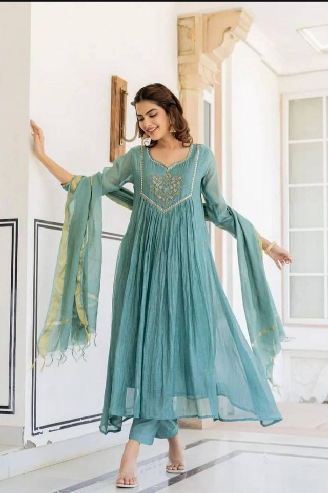 Blue Floral Embroidered Cotton Anarkali Suits (NYS-O151343M-Blue)