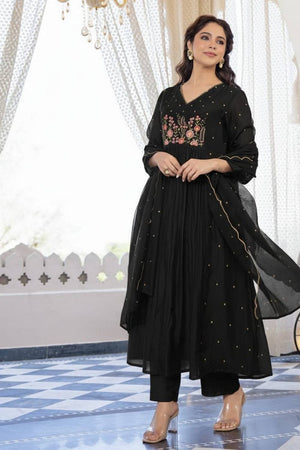 Black Floral Embroidered Cotton Anarkali Suits (NYS-O301203M-Black)