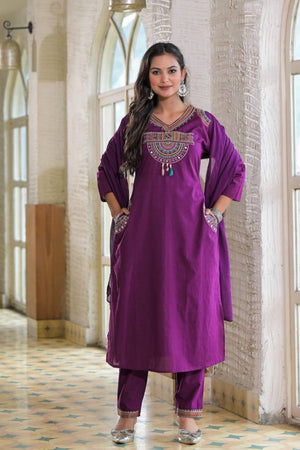 Blue Embroidered Cotton Kurti Pant Set (NYS-R151348K-Blue)