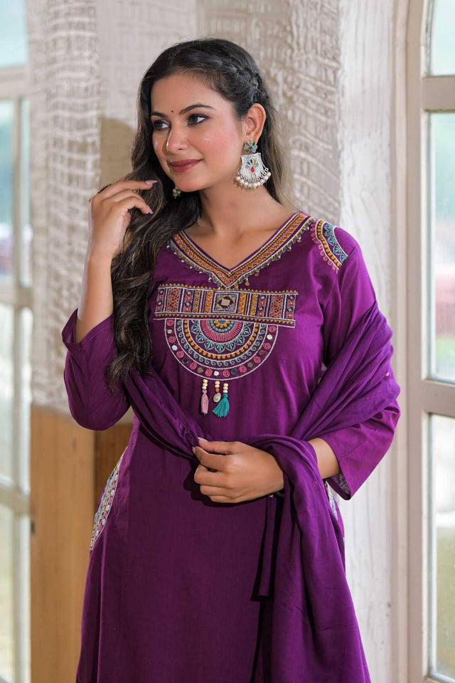 Blue Embroidered Cotton Kurti Pant Set (NYS-R151348K-Blue)
