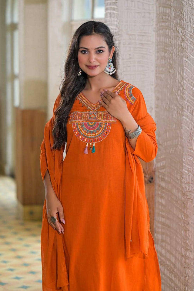 Rust Embroidered Cotton Kurti Pant Set (NYS-R151348K-Rust)