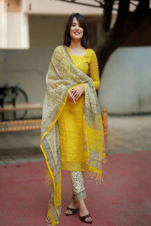 Yellow Embroidered Cotton Kurti Pant Set (NYS-S1259YM-Yellow)